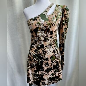 One-Shoulder Floral Velvet Dress in Green and Blush